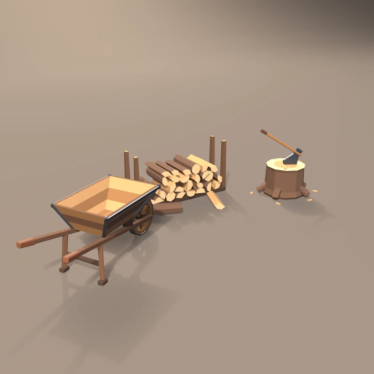 Firewood pile in a Hearth & Hollow setting with the chopping stump with axe and wooden wheelbarrow (sold separately)