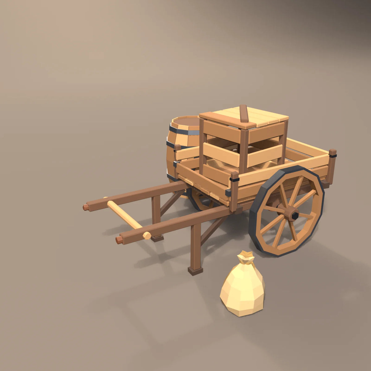 Two-wheel handcart in a Hearth & Hollow setting with the oak ale barrel, slatted supply crate and grain sack (sold separately)