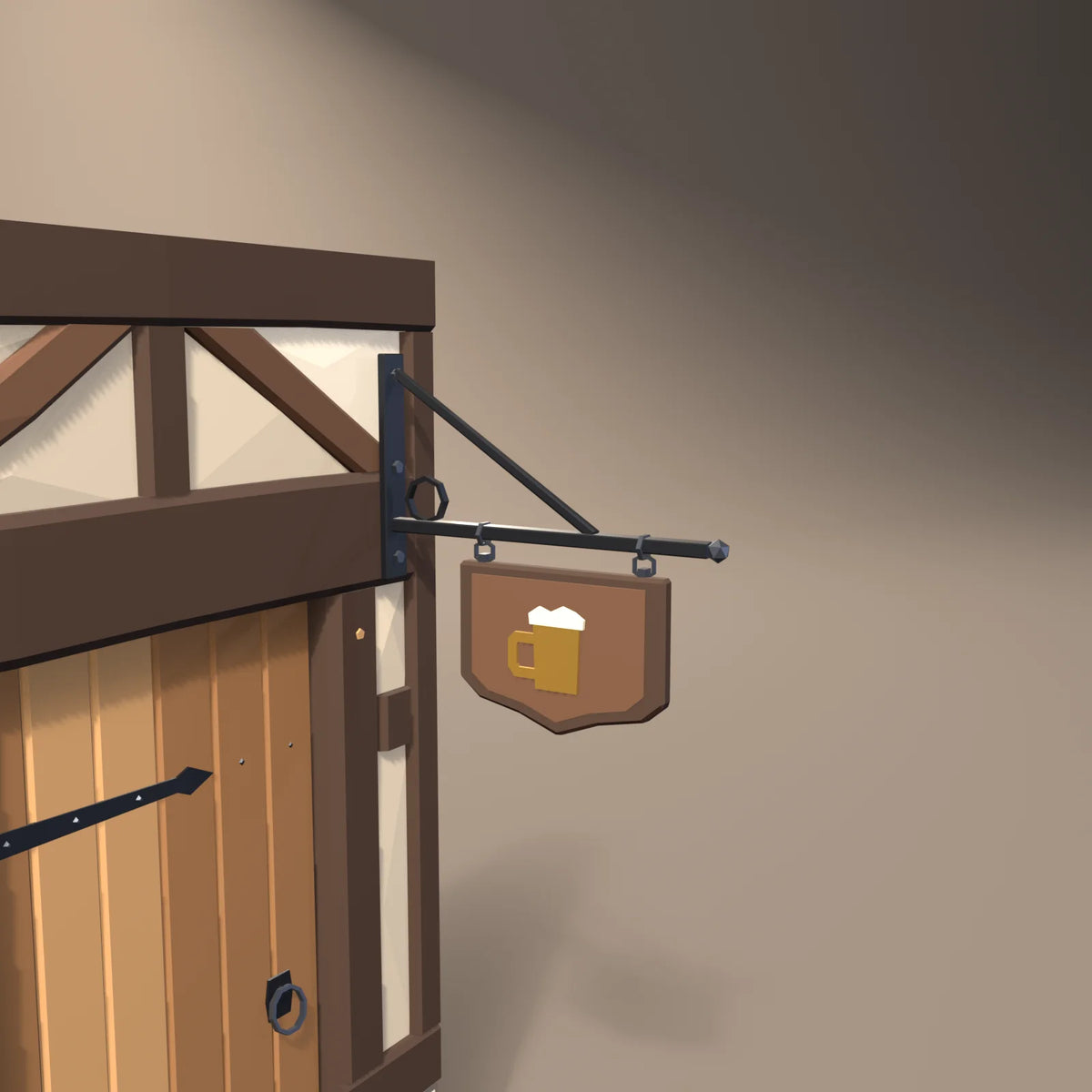Tavern hanging sign in a Hearth & Hollow setting with the plank door, flagstone floor tile and timber-frame wall with doorway (sold separately)