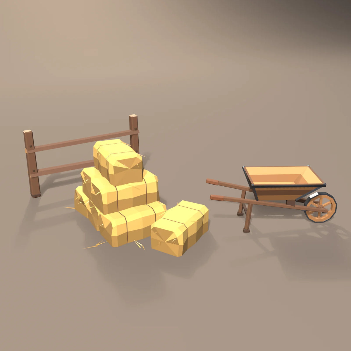 Hay bale stack in a Hearth & Hollow setting with the split-rail fence section and wooden wheelbarrow (sold separately)
