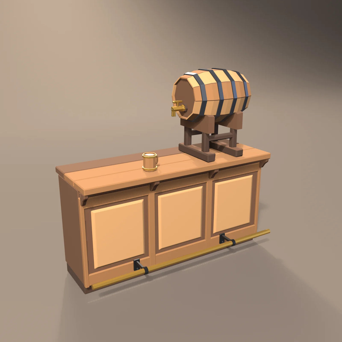Tapped keg on cradle in a Hearth & Hollow setting with the bar counter section and hooped wooden tankard (sold separately)