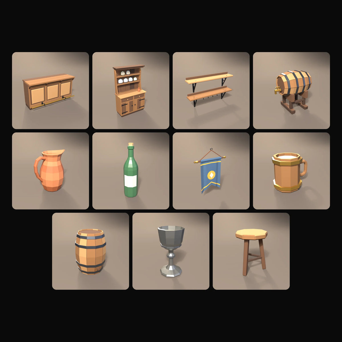 Tavern Bar Kit: studio renders of the 11 included assets