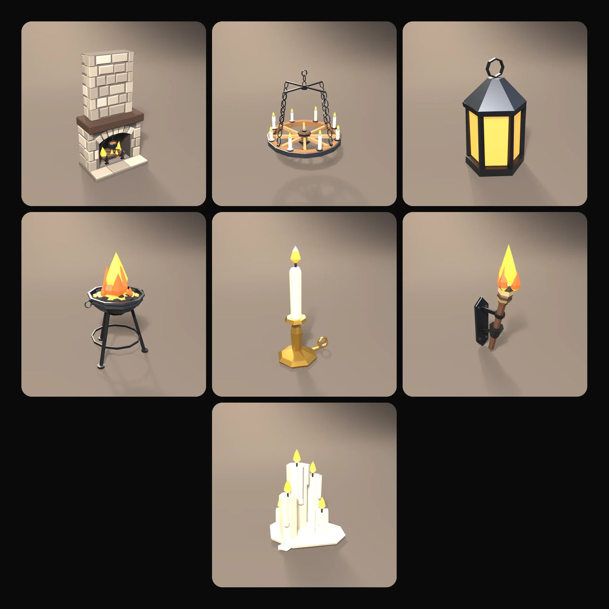 Firelight Kit: studio renders of the 7 included assets