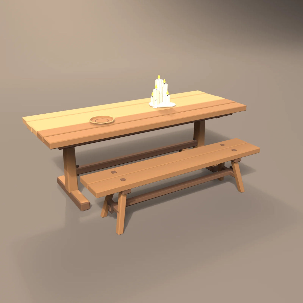 Trestle feast table in a Hearth & Hollow setting with the tavern bench, melted candle cluster and turned wooden plate (sold separately)