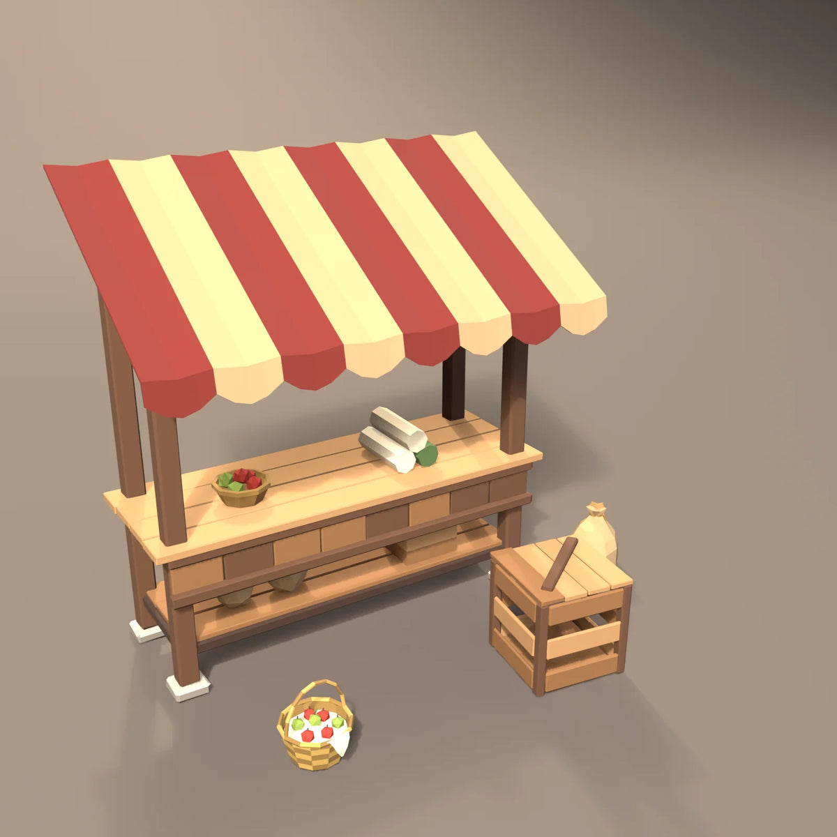 Awninged market stall in a Hearth & Hollow setting with the wicker basket, slatted supply crate and grain sack (sold separately)