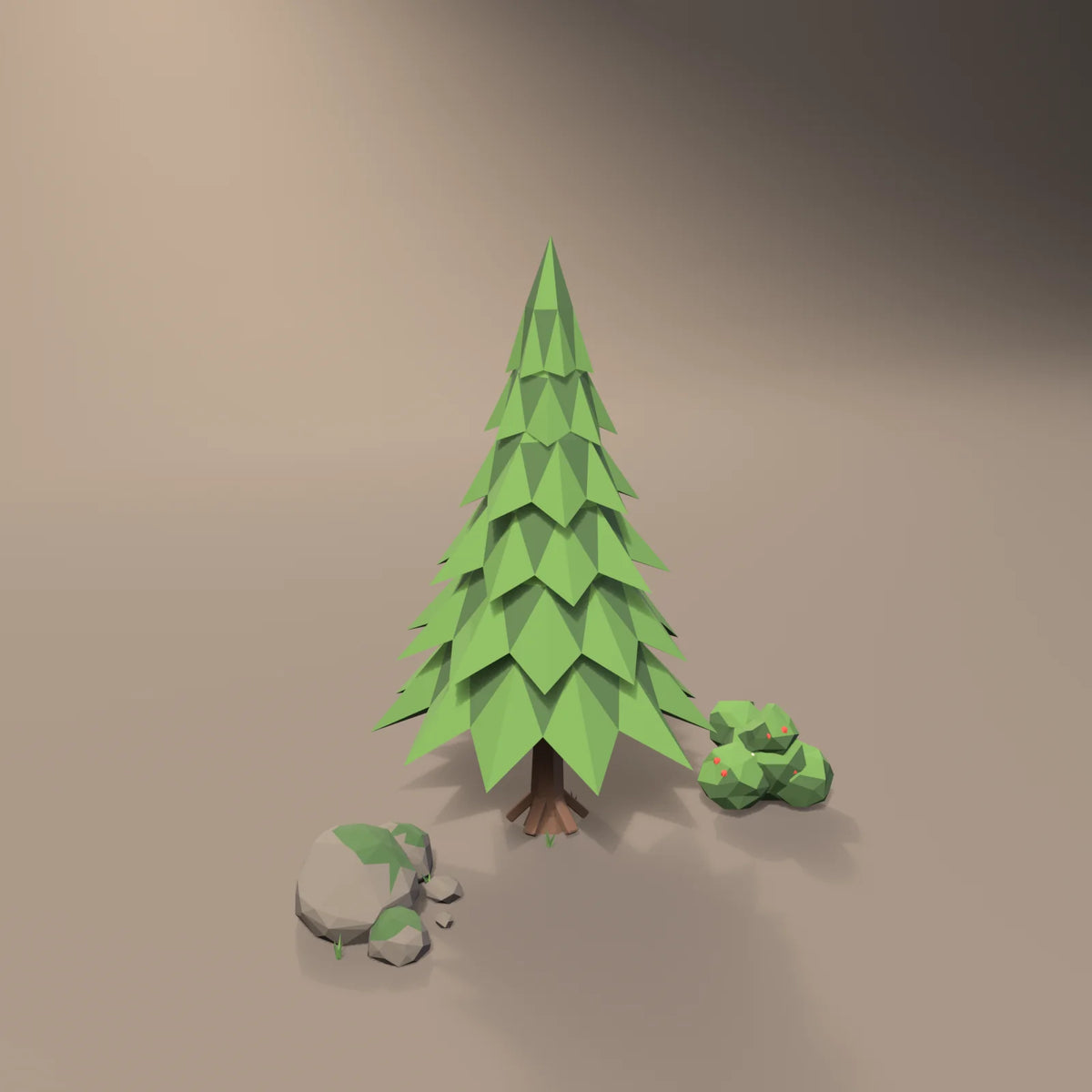 Stylized pine tree in a Hearth & Hollow setting with the round shrub and mossy rock cluster (sold separately)