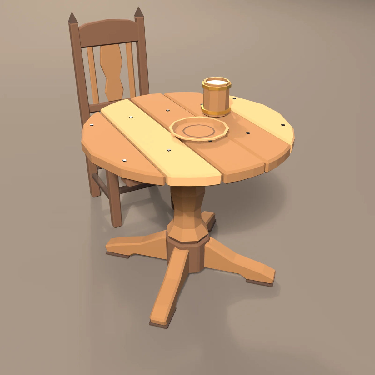 Turned wooden plate in a Hearth & Hollow setting with the high-back tavern chair, round pedestal table and hooped wooden tankard (sold separately)