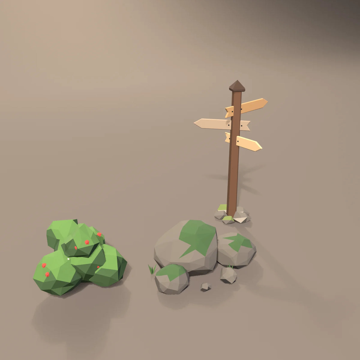 Mossy rock cluster in a Hearth & Hollow setting with the round shrub and crossroads signpost (sold separately)