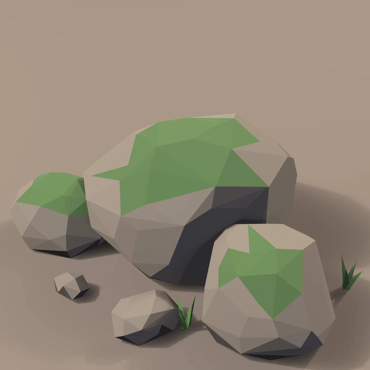 Mossy rock cluster, close-up detail render