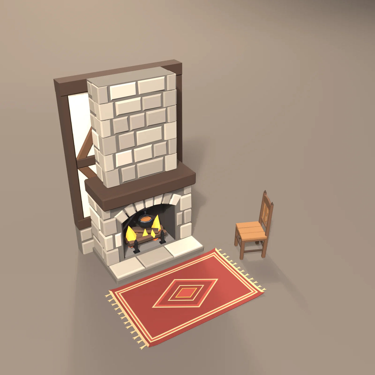 Woven floor rug in a Hearth & Hollow setting with the high-back tavern chair, stone hearth fireplace and timber-frame wall (sold separately)