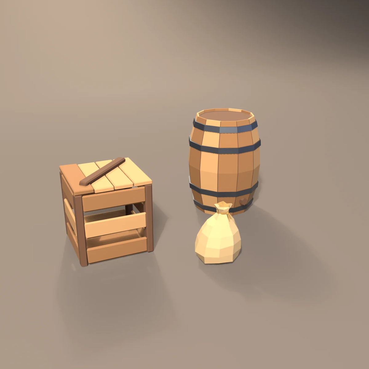 Grain sack in a Hearth & Hollow setting with the oak ale barrel and slatted supply crate (sold separately)