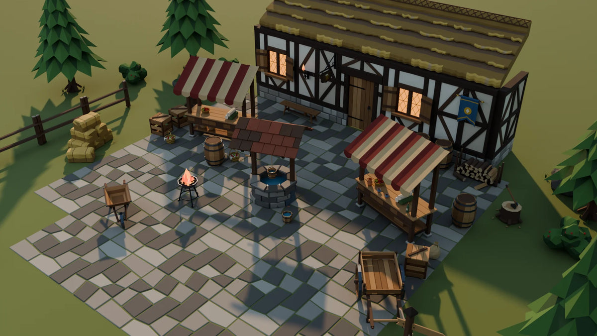 Market Square scene from Hearth & Hollow, wide view (render of the delivered scene)