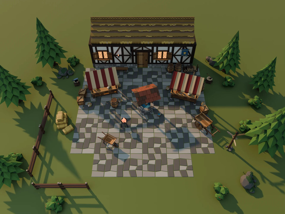 Market Square scene from Hearth & Hollow, overview from above (render of the delivered scene)