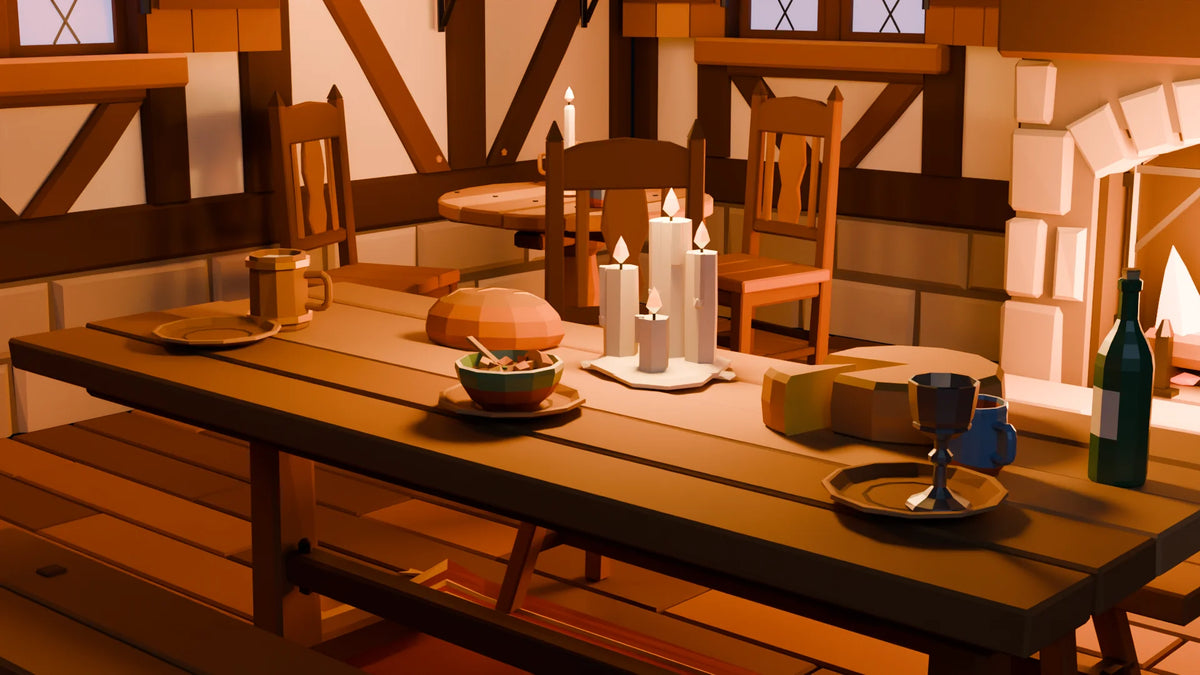 The Hollow Tavern scene from Hearth & Hollow, close-up detail (render of the delivered scene)