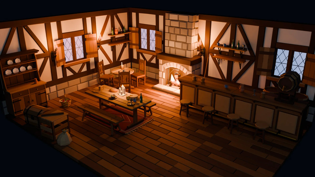 The Hollow Tavern scene from Hearth & Hollow, wide view (render of the delivered scene)