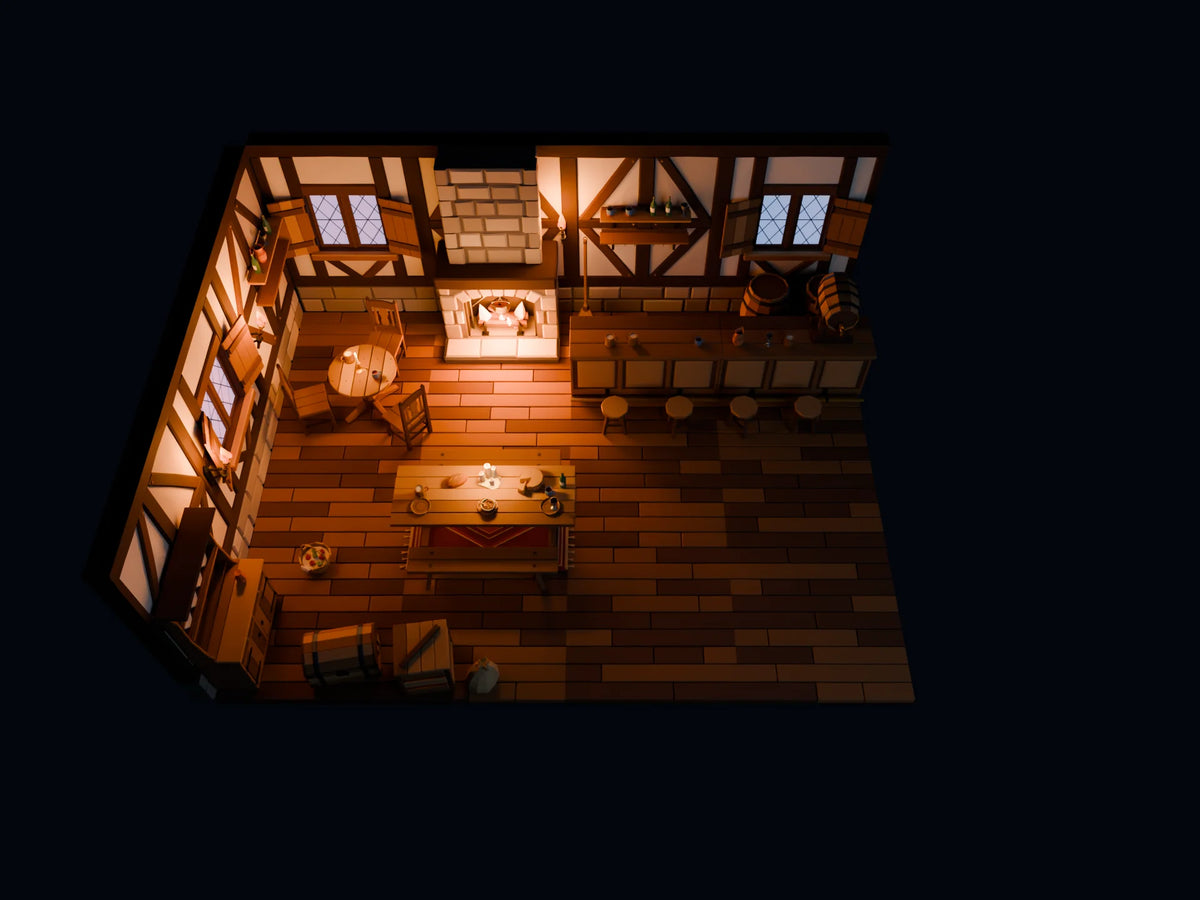 The Hollow Tavern scene from Hearth & Hollow, overview from above (render of the delivered scene)