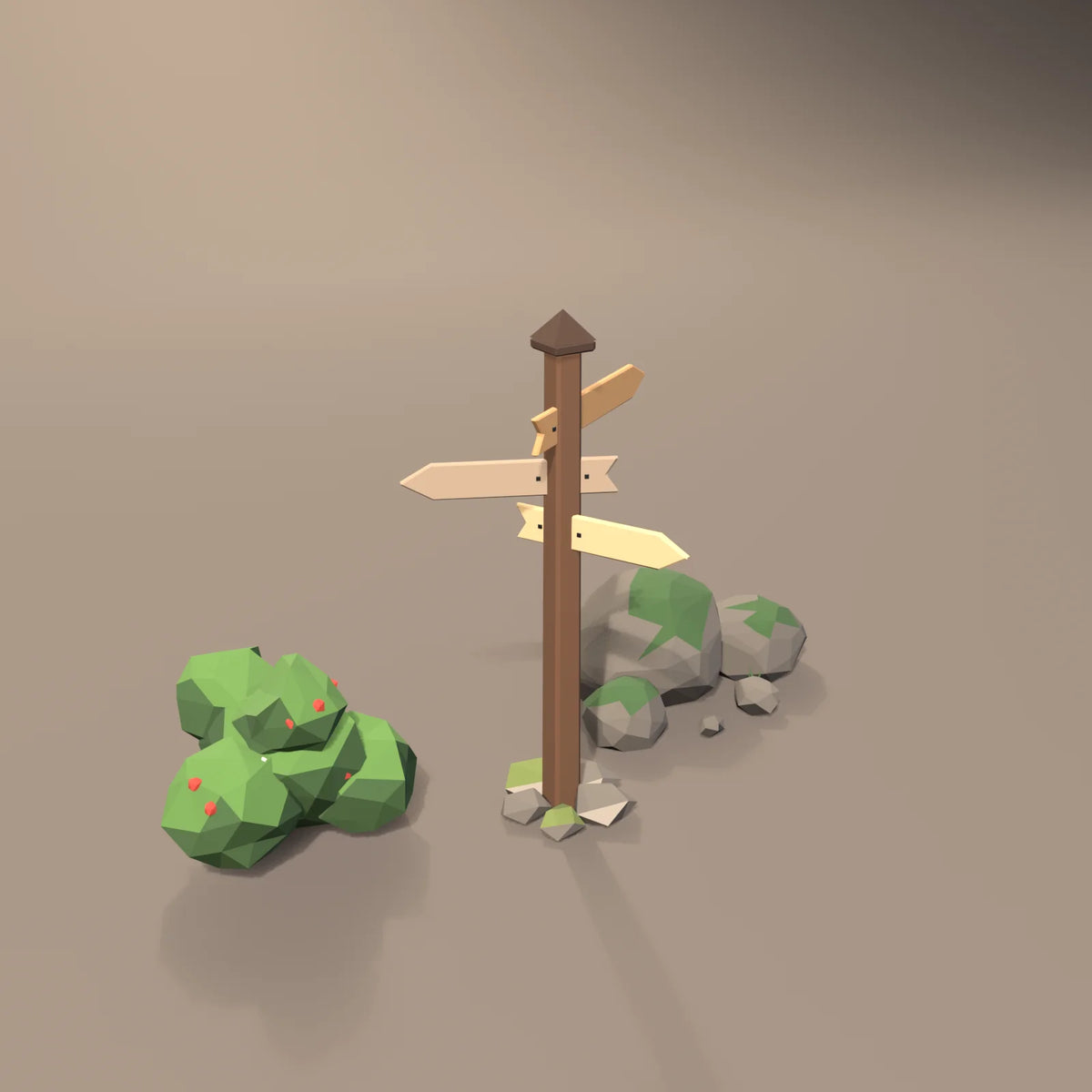 Crossroads signpost in a Hearth & Hollow setting with the round shrub and mossy rock cluster (sold separately)