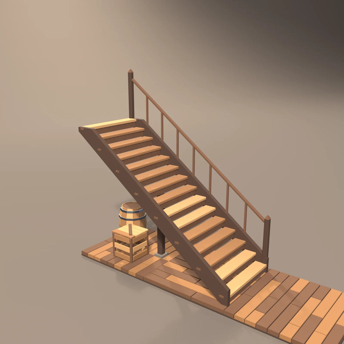 Timber staircase in a Hearth & Hollow setting with the oak ale barrel, slatted supply crate and plank floor tile (sold separately)