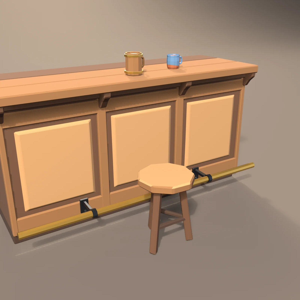 Three-legged stool in a Hearth & Hollow setting with the bar counter section, glazed clay mug and hooped wooden tankard (sold separately)
