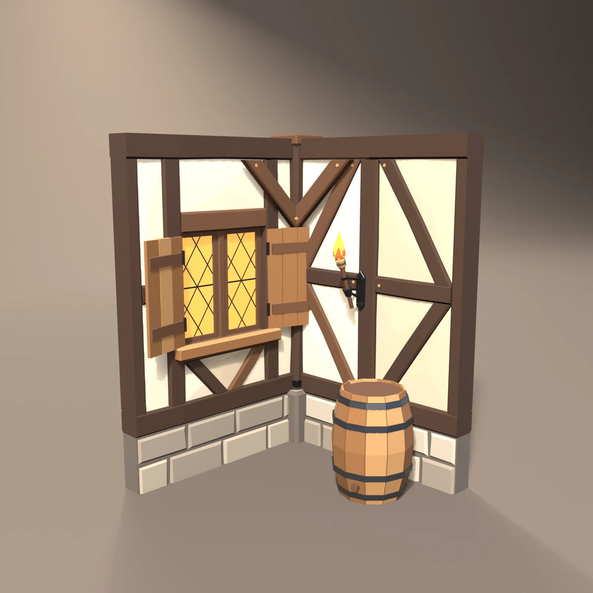 Timber post in a Hearth & Hollow setting with the oak ale barrel, timber-frame wall, iron wall torch and timber-frame wall with window (sold separately)