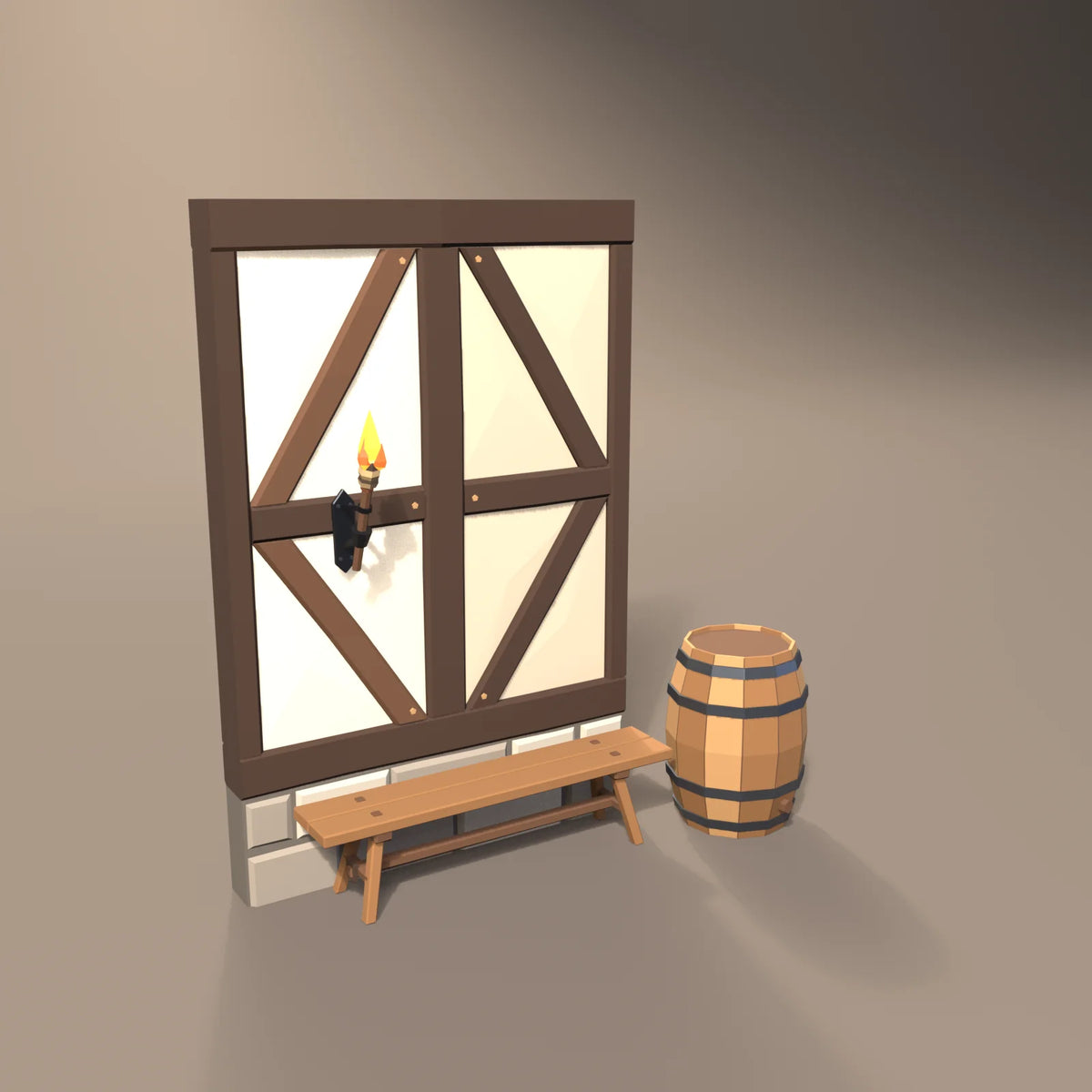 Timber-frame wall in a Hearth & Hollow setting with the oak ale barrel, tavern bench and iron wall torch (sold separately)
