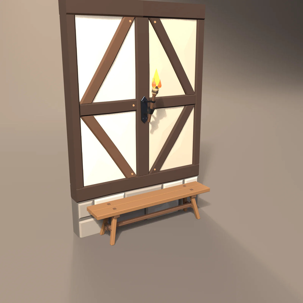 Iron wall torch in a Hearth & Hollow setting with the tavern bench and timber-frame wall (sold separately)