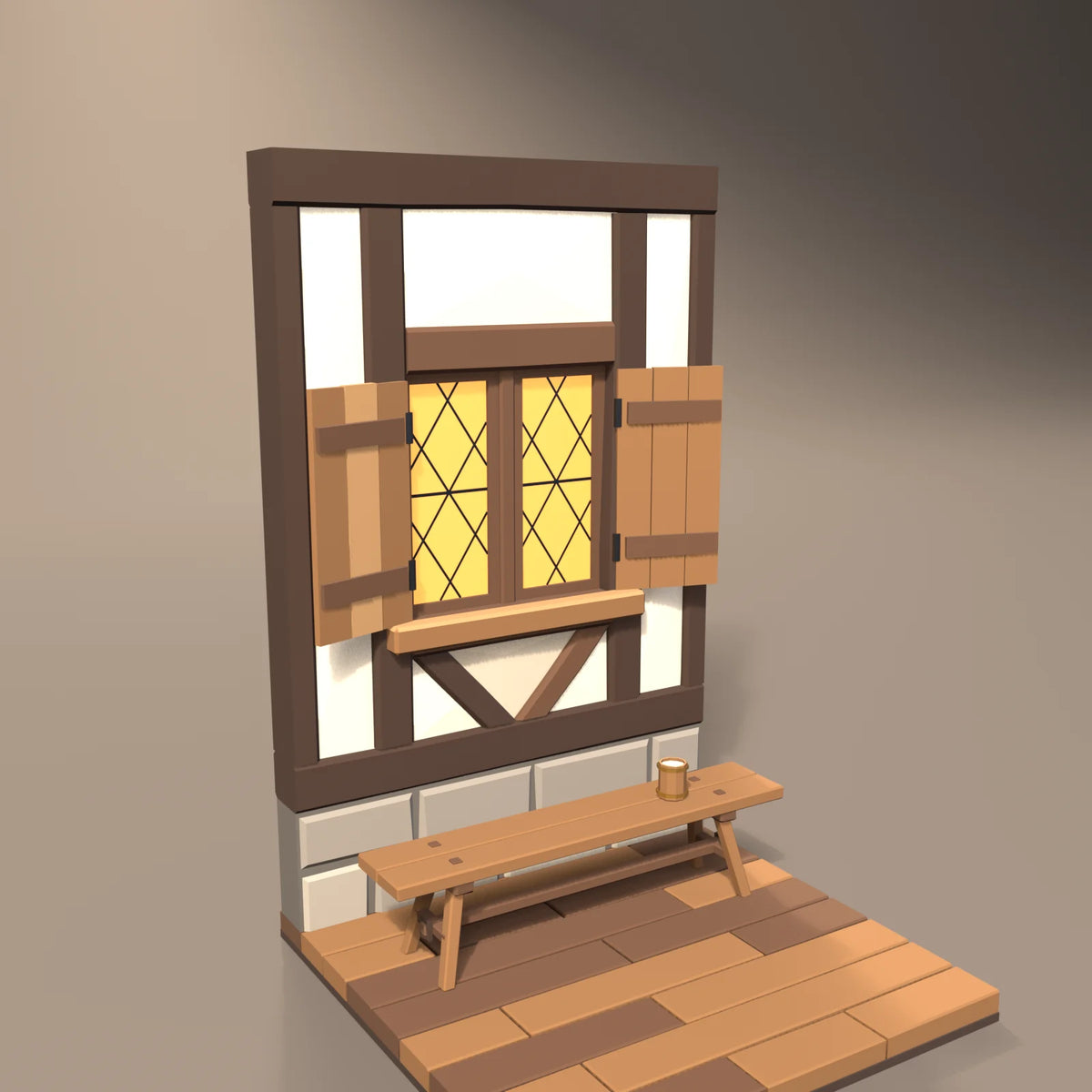 Timber-frame wall with window in a Hearth & Hollow setting with the tavern bench, plank floor tile and hooped wooden tankard (sold separately)