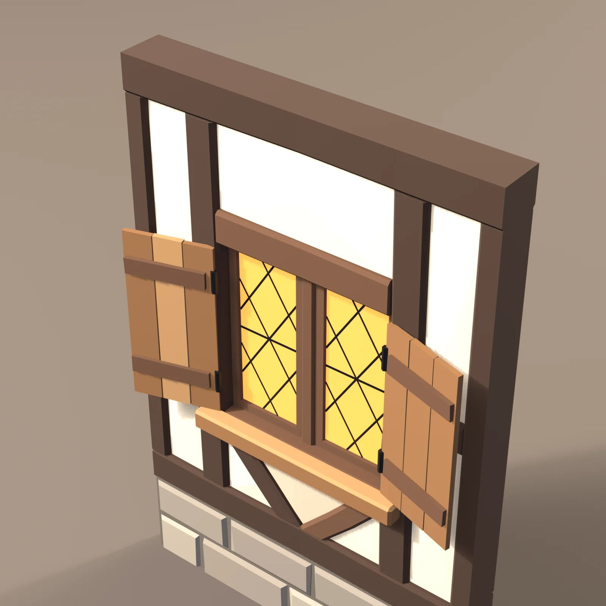 Timber-frame wall with window, close-up detail render