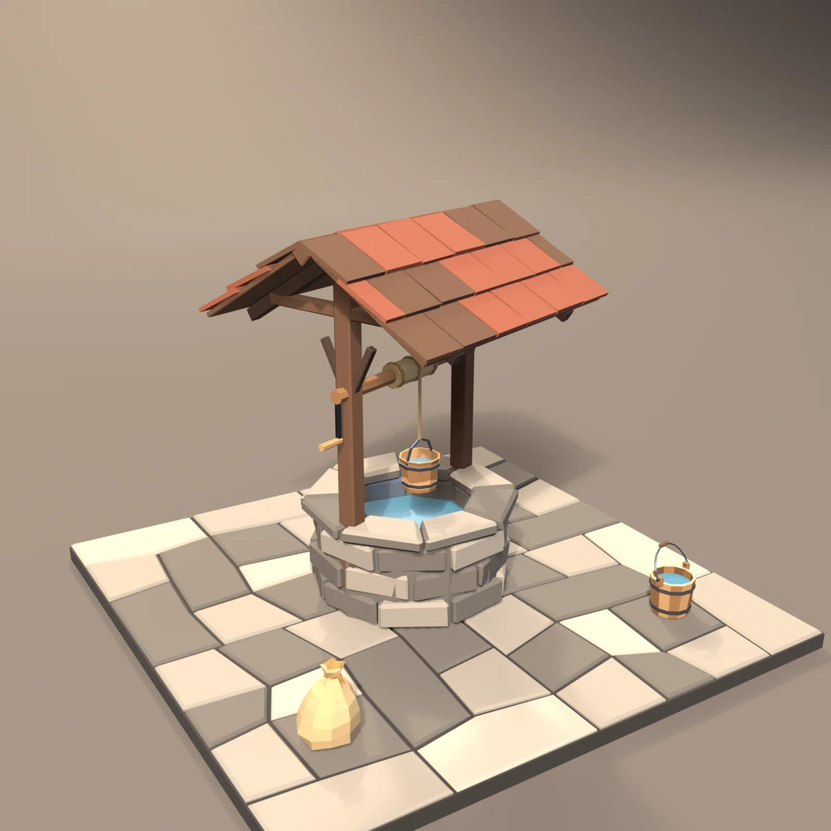 Stone village well in a Hearth & Hollow setting with the hooped water bucket, flagstone floor tile and grain sack (sold separately)