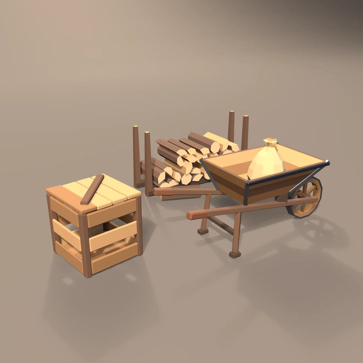 Wooden wheelbarrow in a Hearth & Hollow setting with the slatted supply crate, firewood pile and grain sack (sold separately)