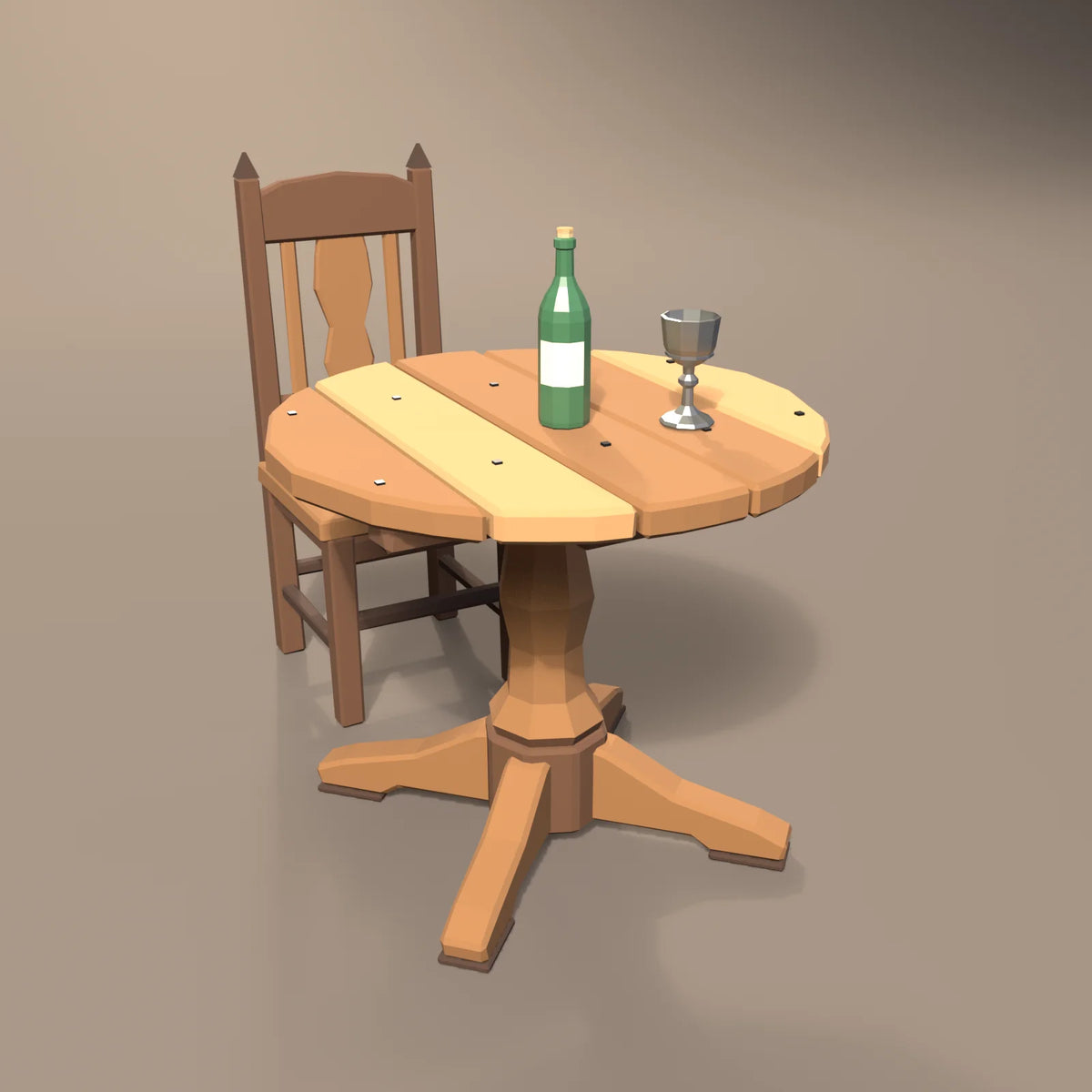 Green glass wine bottle in a Hearth & Hollow setting with the high-back tavern chair, pewter goblet and round pedestal table (sold separately)