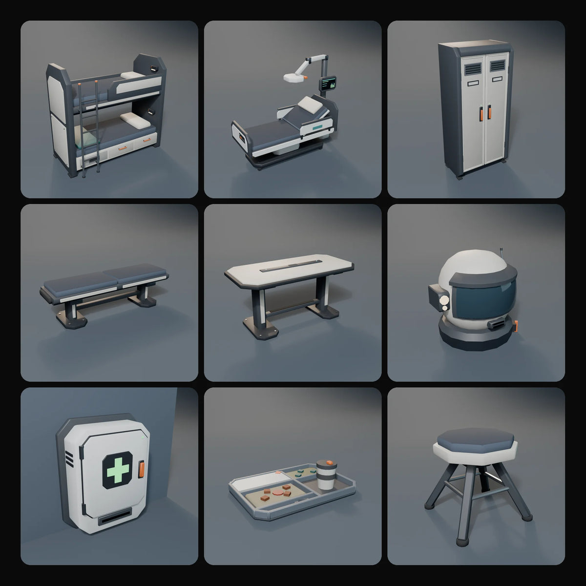 Crew Quarters Kit: studio renders of the 9 included assets
