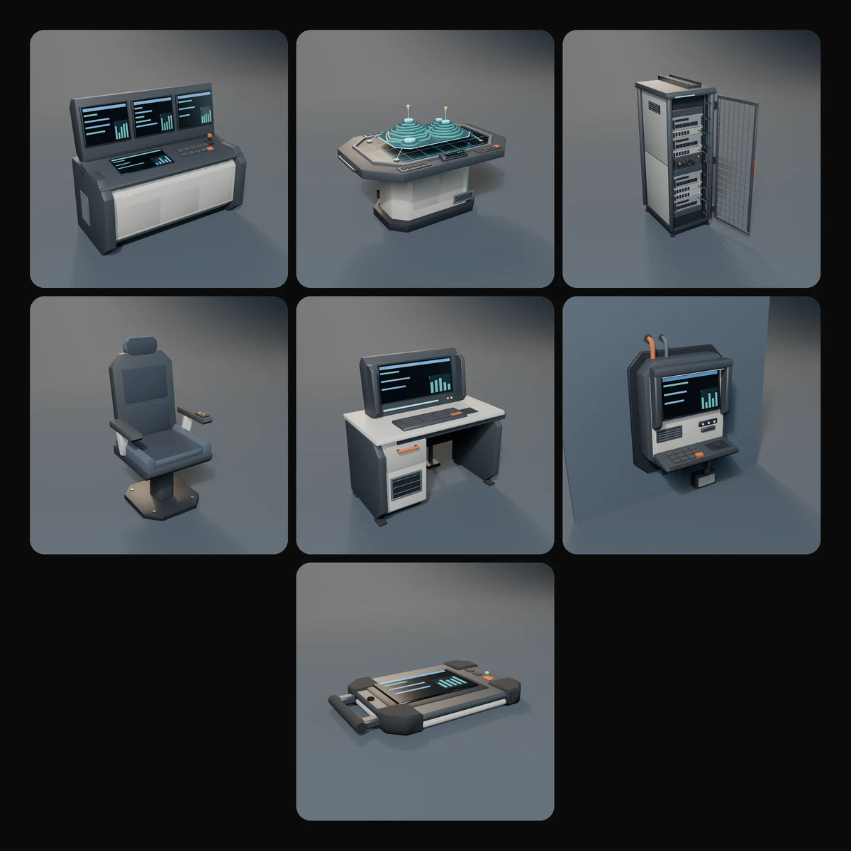 Operations Deck Kit: studio renders of the 7 included assets
