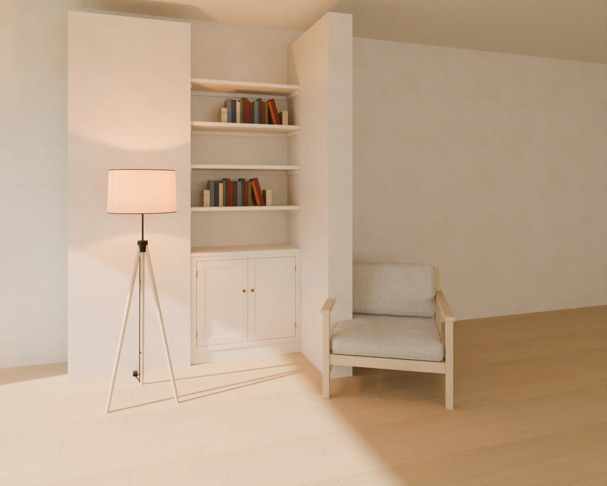 Alcove Cupboard and Shelves styled in a Linden House room with the book row, lounge armchair and tripod floor lamp (sold separately)