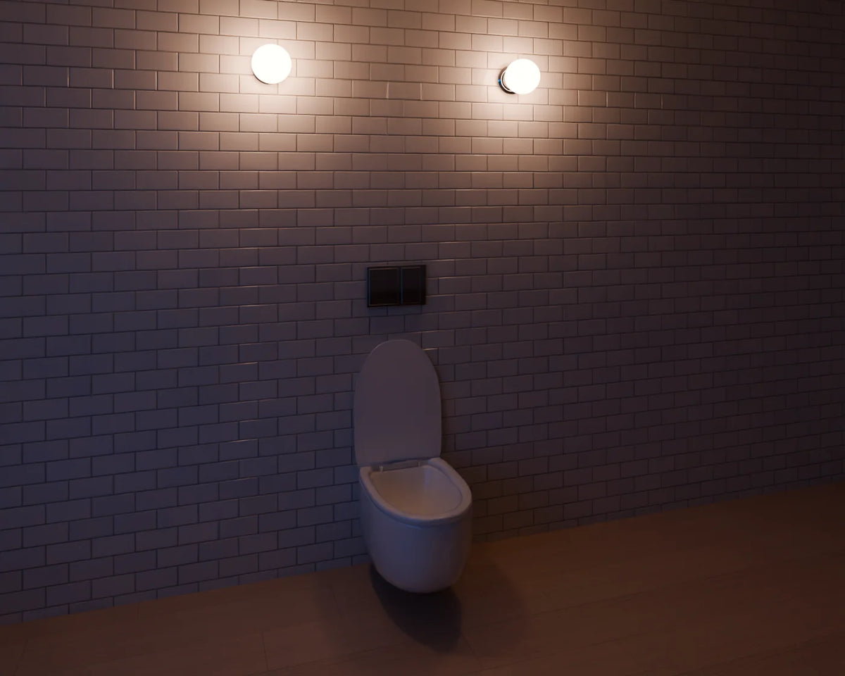 Bathroom Globe Wall Light styled in a Linden House room with the wall-hung toilet (sold separately)