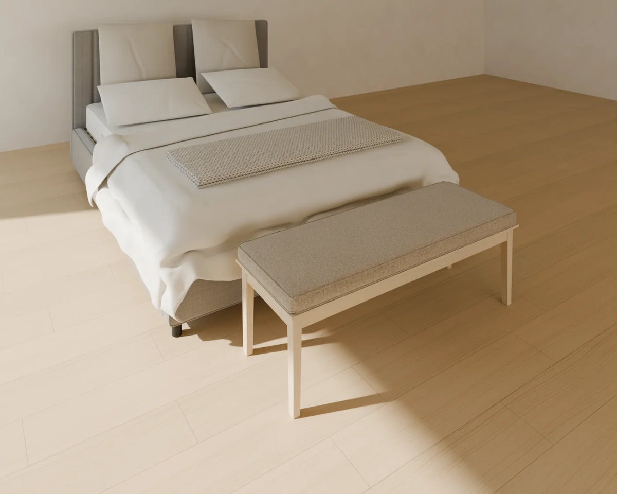 End-of-Bed Bench styled in a Linden House room with the upholstered bed (sold separately)