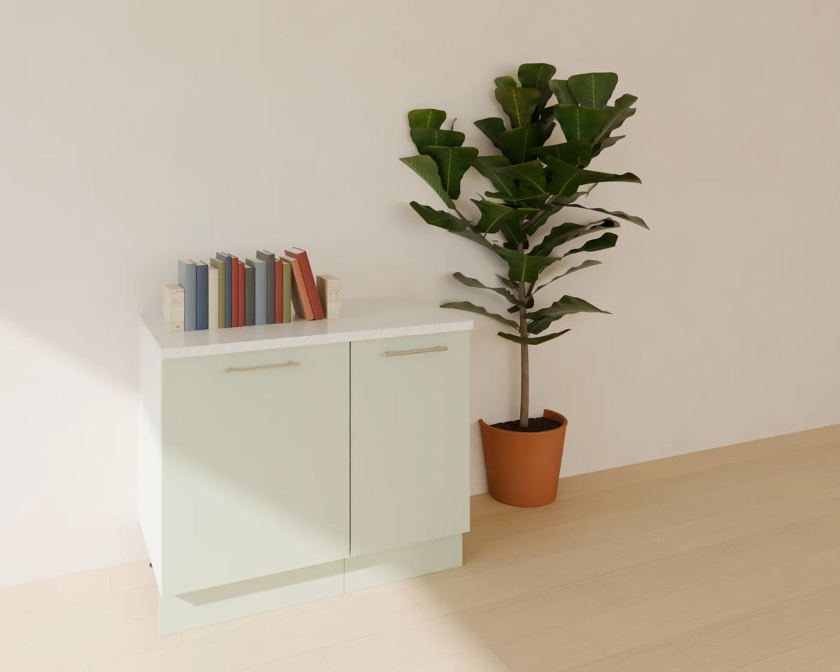 Book Row styled in a Linden House room with the base door cabinet and fiddle-leaf fig in planter (sold separately)