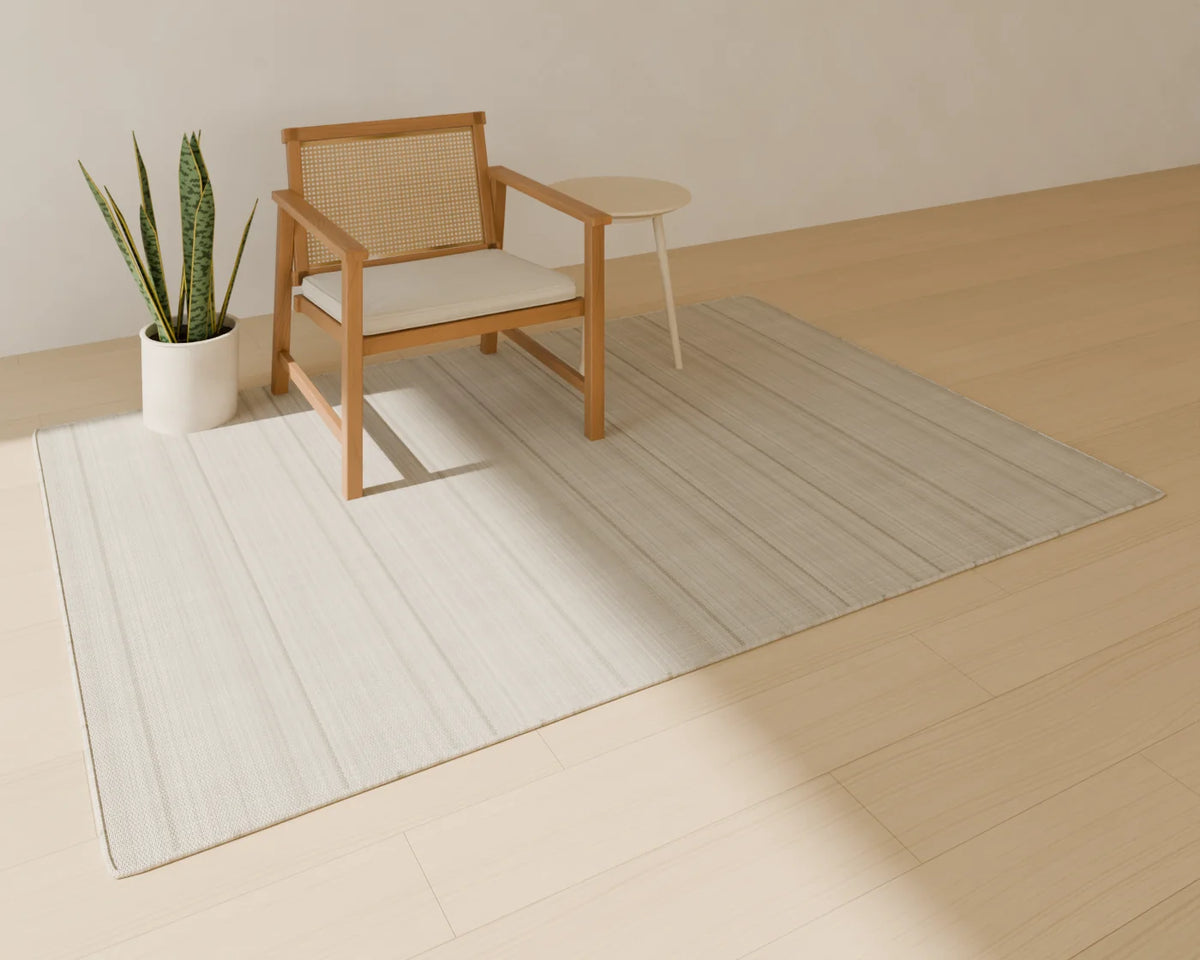 Cane Lounge Chair styled in a Linden House room with the round side table, snake plant in planter and flatweave wool rug (sold separately)
