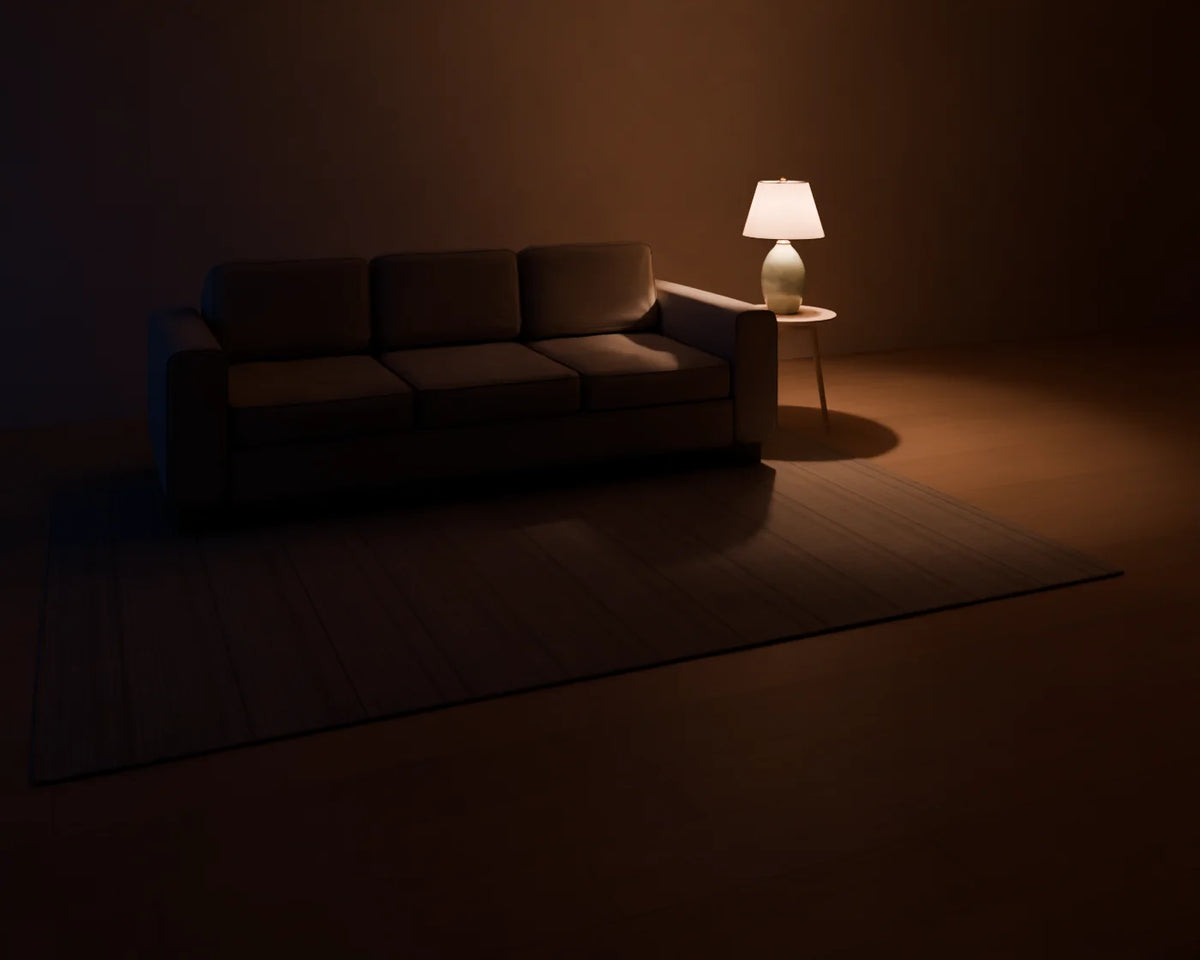 Ceramic Table Lamp styled in a Linden House room with the round side table, three-seat sofa and flatweave wool rug (sold separately)