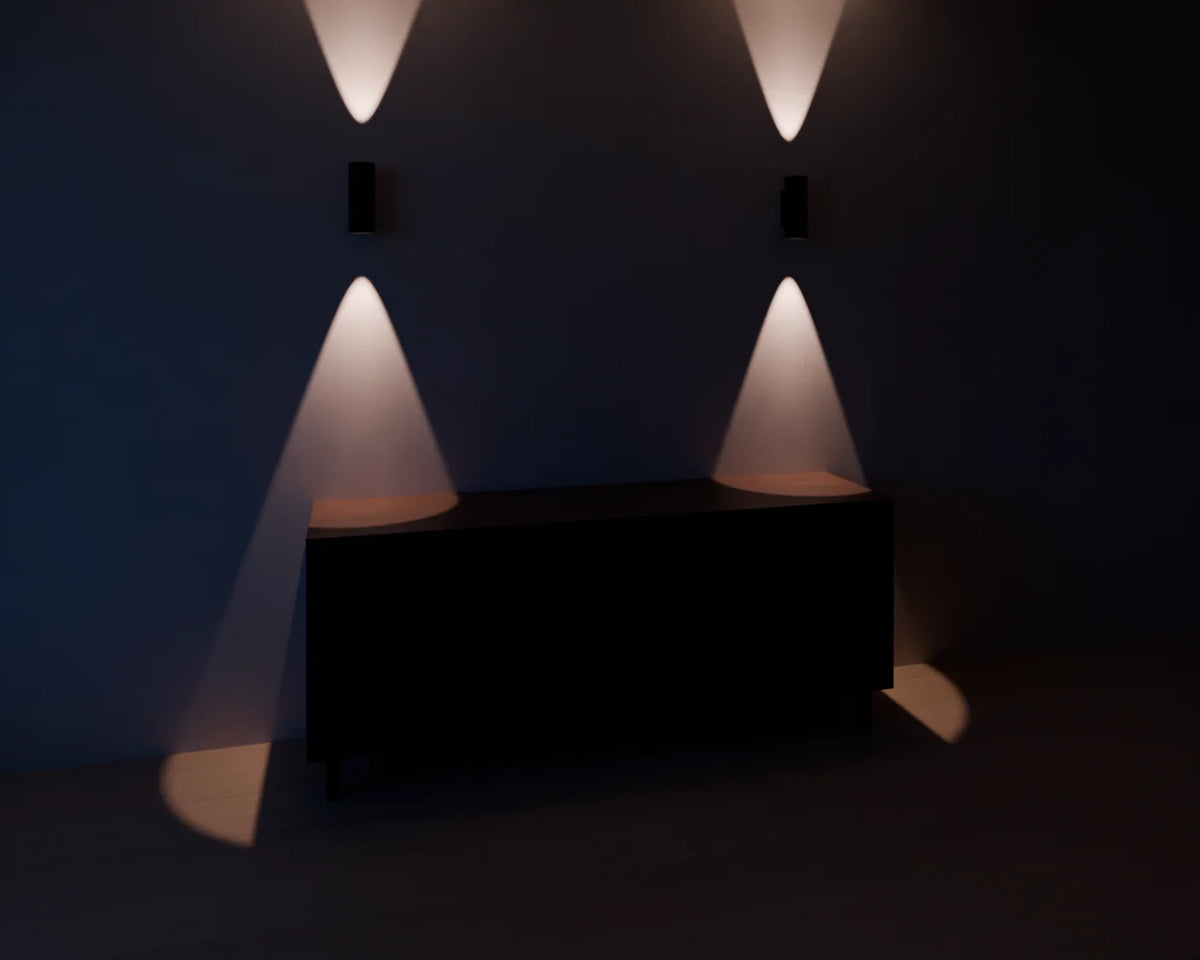 Up-Down Wall Sconce styled in a Linden House room with the sideboard (sold separately)