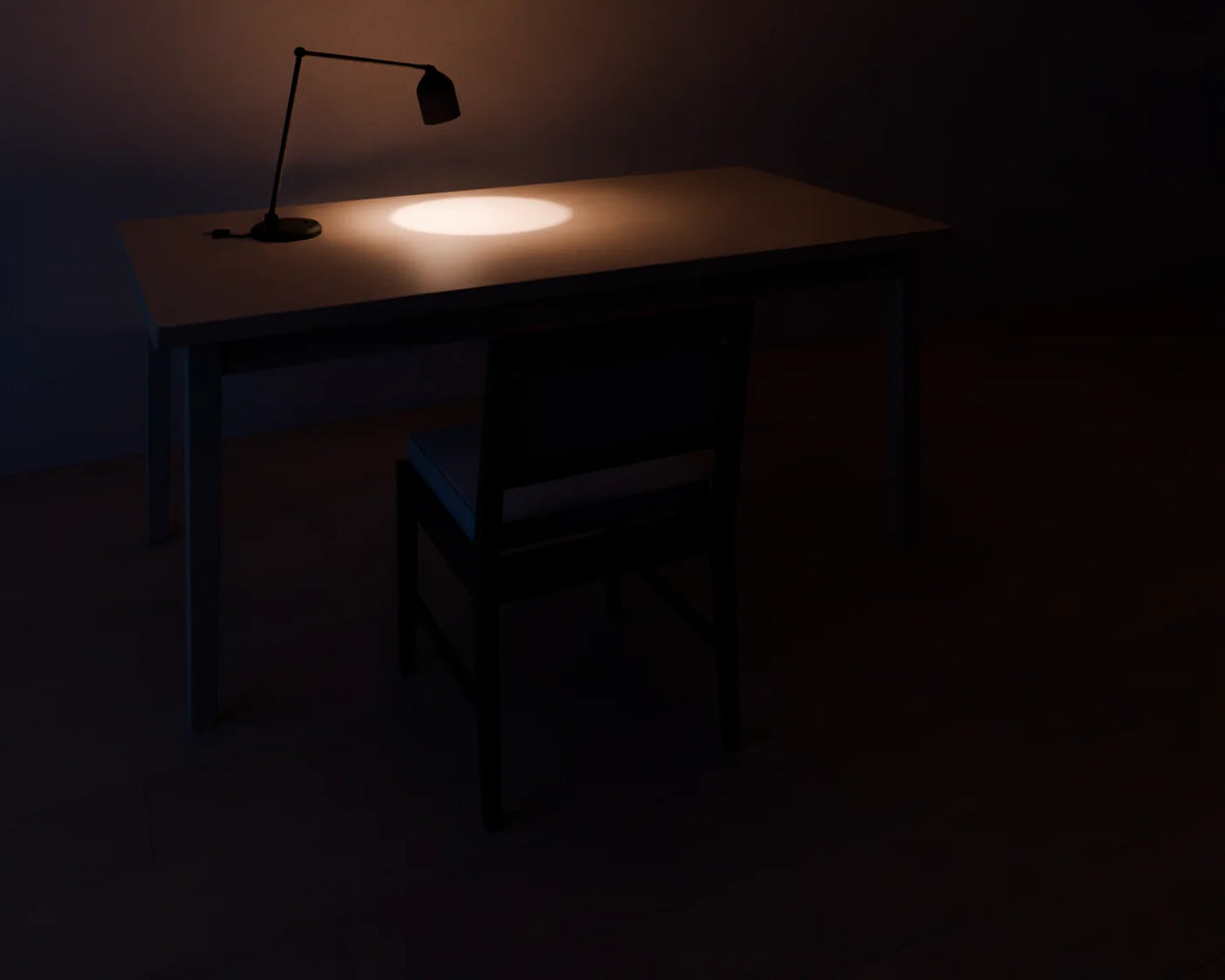 Desk Task Lamp styled in a Linden House room with the rectangular dining table and upholstered dining chair (sold separately)