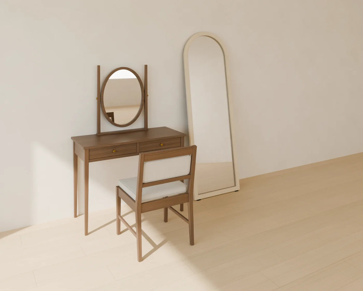 Dressing Table styled in a Linden House room with the upholstered dining chair and leaning floor mirror (sold separately)