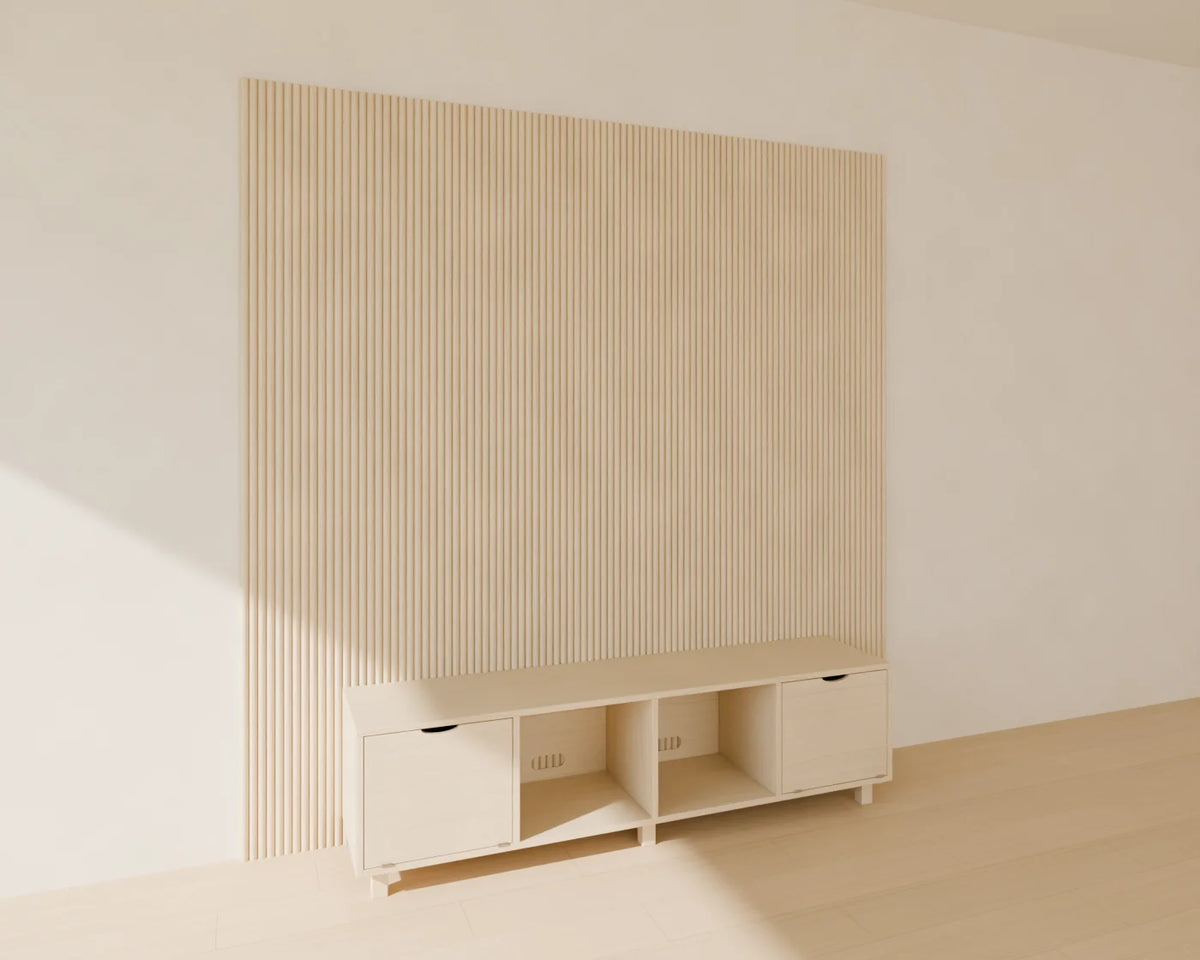 Fluted Timber Wall Panel styled in a Linden House room with the low media unit (sold separately)