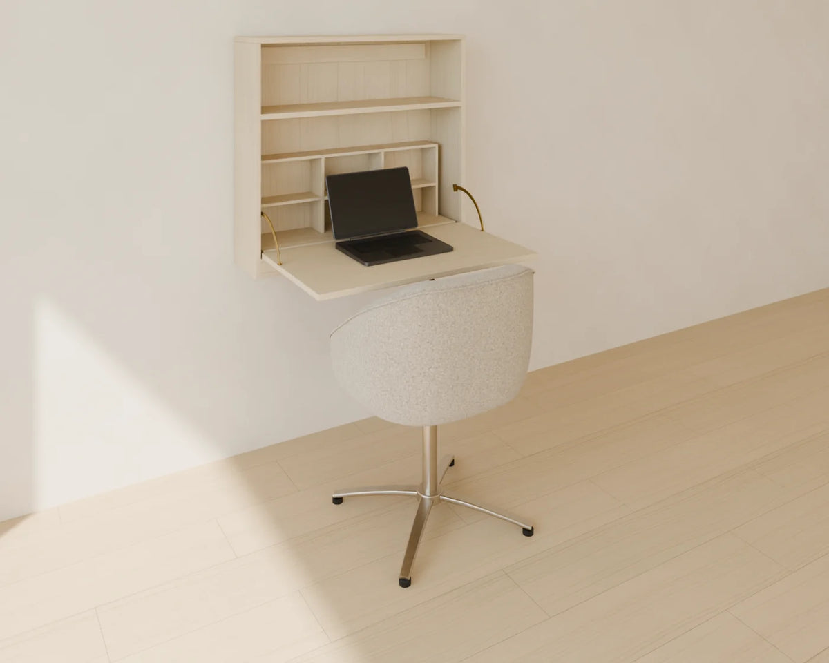 Fold-Down Wall Desk styled in a Linden House room with the upholstered desk chair and open laptop (sold separately)