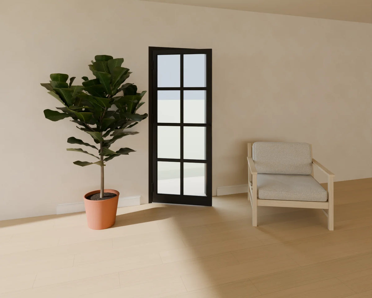 Steel-Framed Glazed Door styled in a Linden House room with the skirting board, lounge armchair and fiddle-leaf fig in planter (sold separately)
