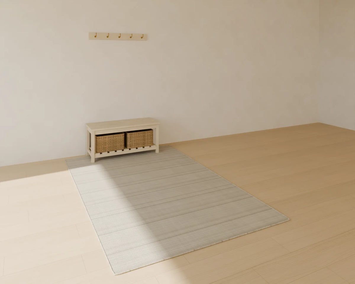 Hallway Storage Bench styled in a Linden House room with the wall coat hooks and flatweave wool rug (sold separately)
