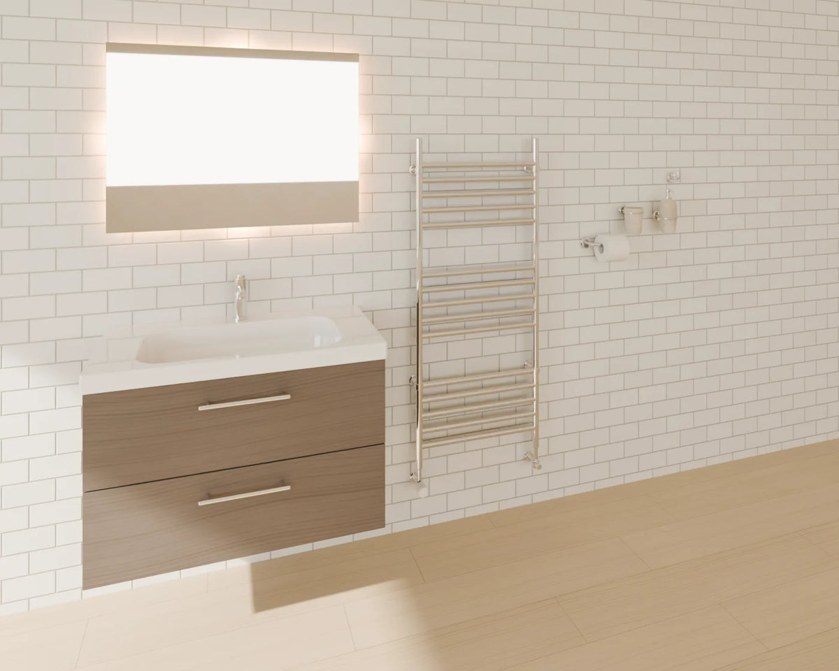 Heated Towel Rail styled in a Linden House room with the wall-hung vanity unit, basin mixer tap, illuminated bathroom mirror and bathroom accessories set (sold separately)