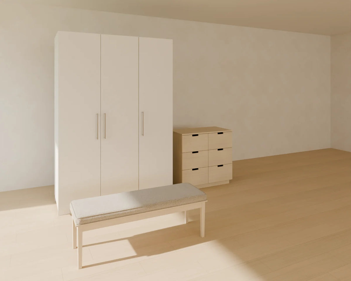 Hinged Wardrobe styled in a Linden House room with the chest of drawers and end-of-bed bench (sold separately)