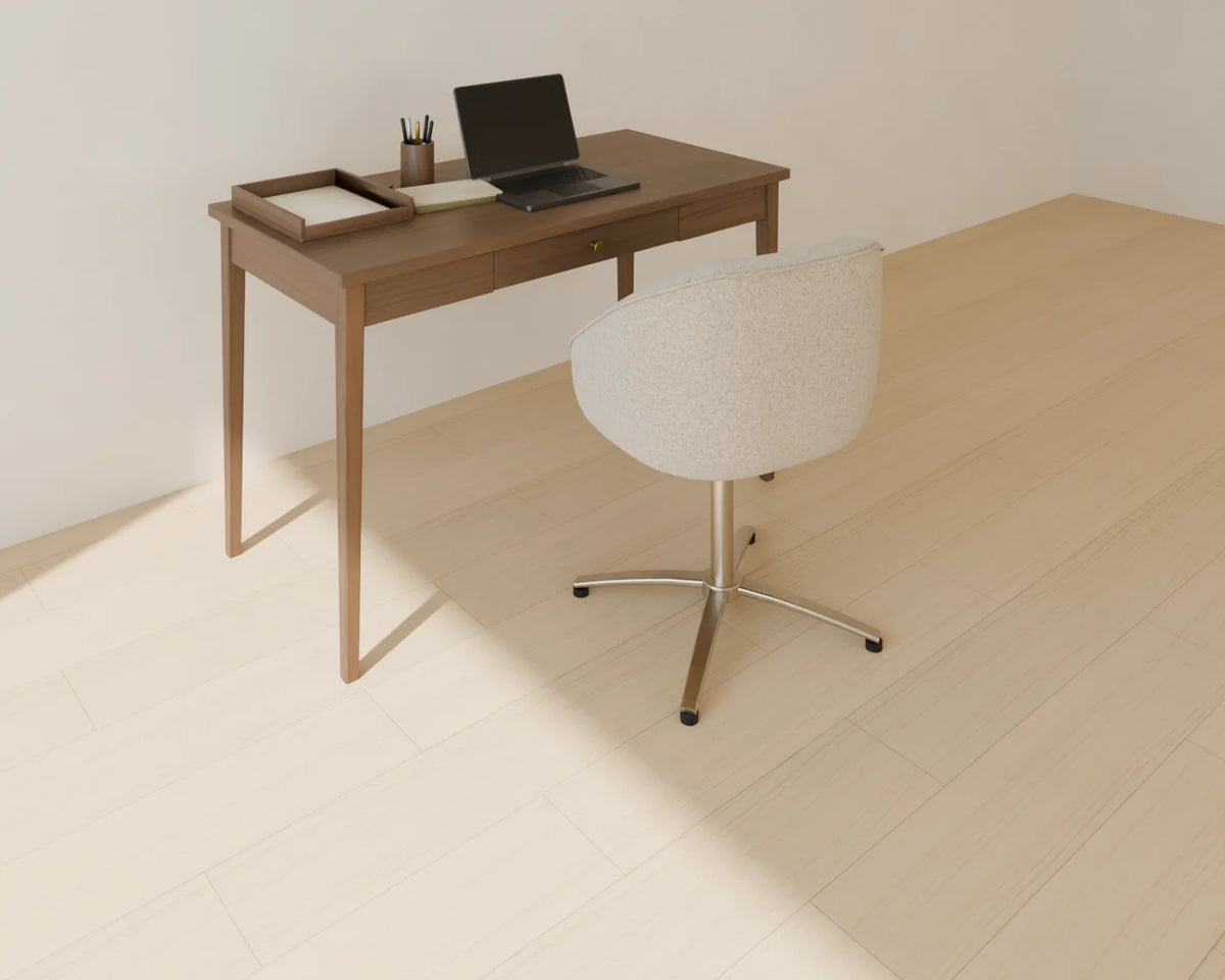 Upholstered Desk Chair styled in a Linden House room with the writing desk, open laptop and desk accessories set (sold separately)