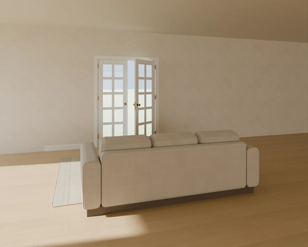 Interior French Doors styled in a Linden House room with the skirting board, three-seat sofa and flatweave wool rug (sold separately)